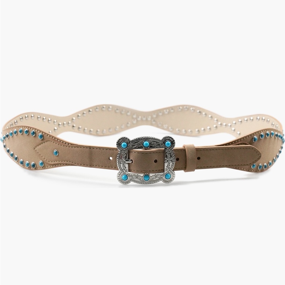 Western Studded Tan Belt with Turquoise Accents